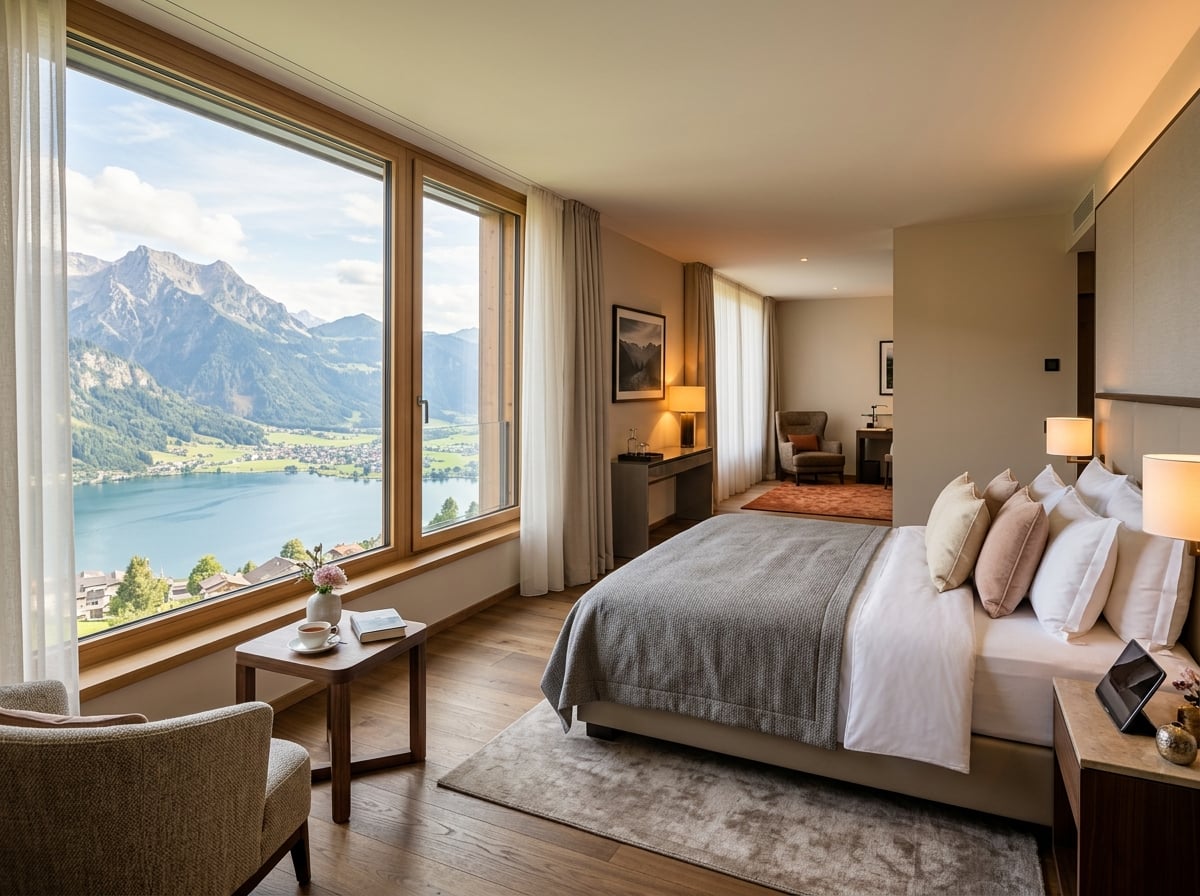 Gemütliche Hotel-Suite mit großem Panoramafenster und warmem Tageslicht