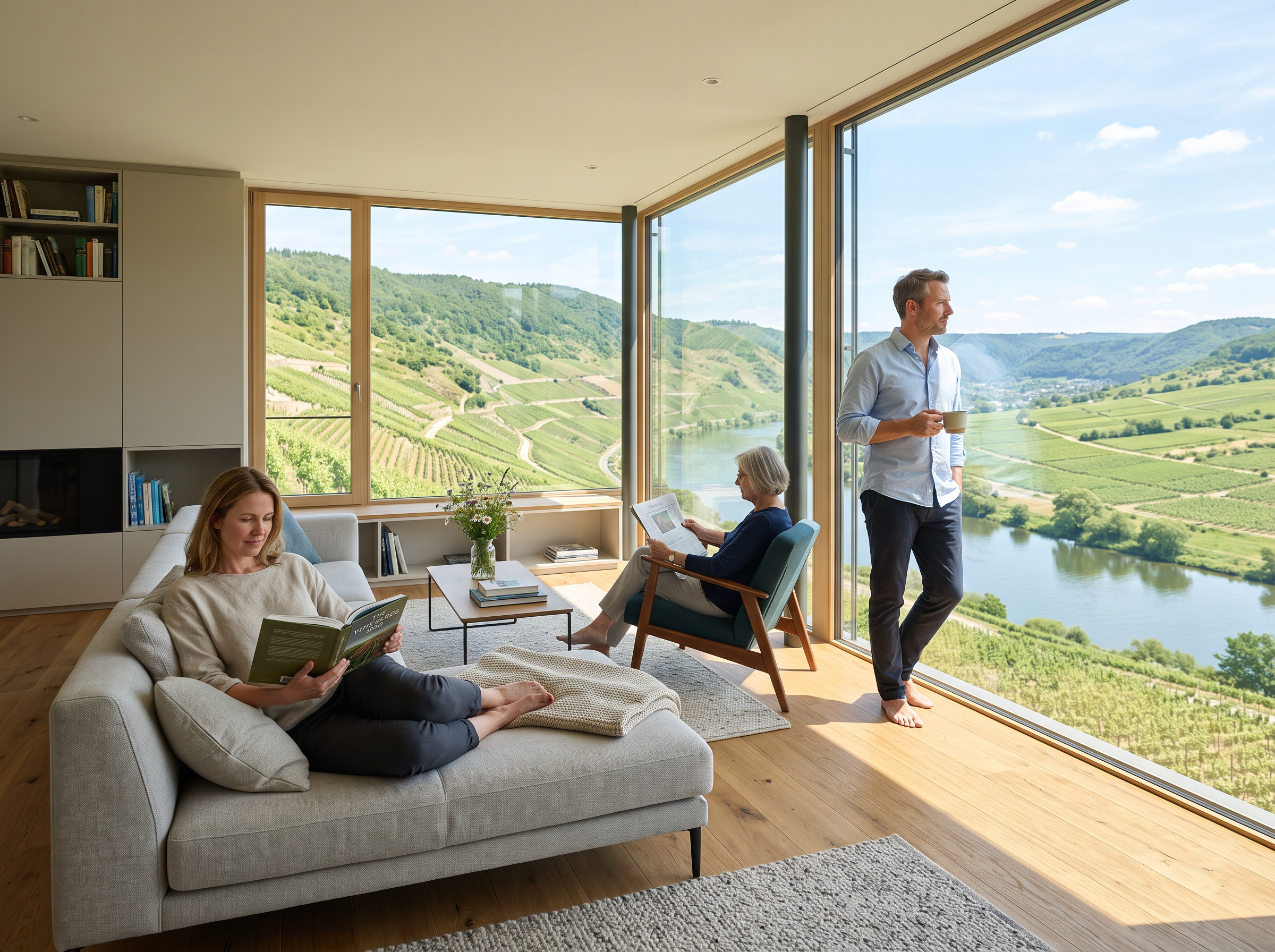 Gäste genießen einen angenehm kühlen Innenraum mit freiem Blick auf die sonnige Mosellandschaft
