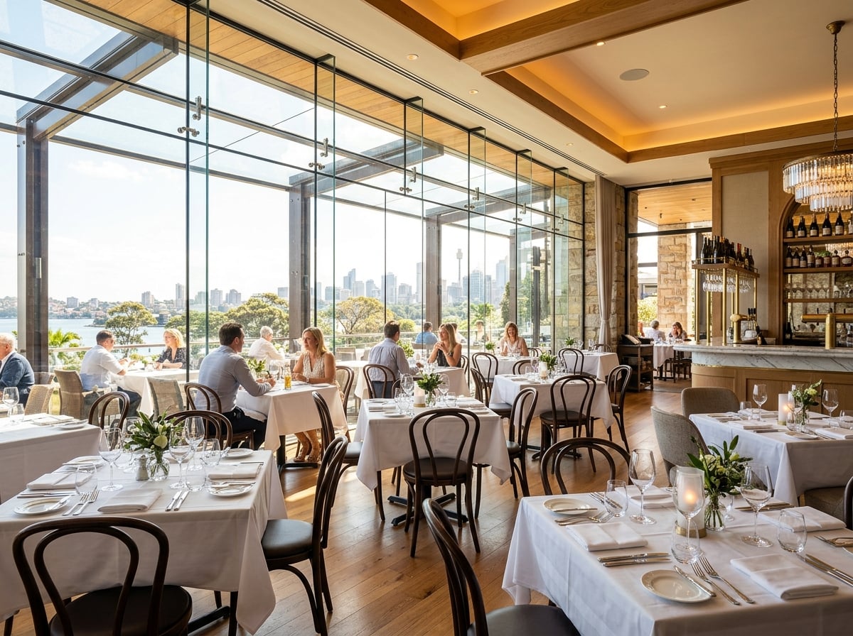 Elegantes Restaurant mit großer Glasfront, Panoramablick und gedeckten Tischen