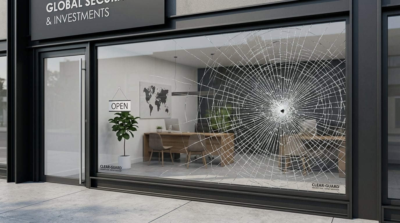 Sicherheitsfolie auf Glasscheibe eines modernen Gebäudes